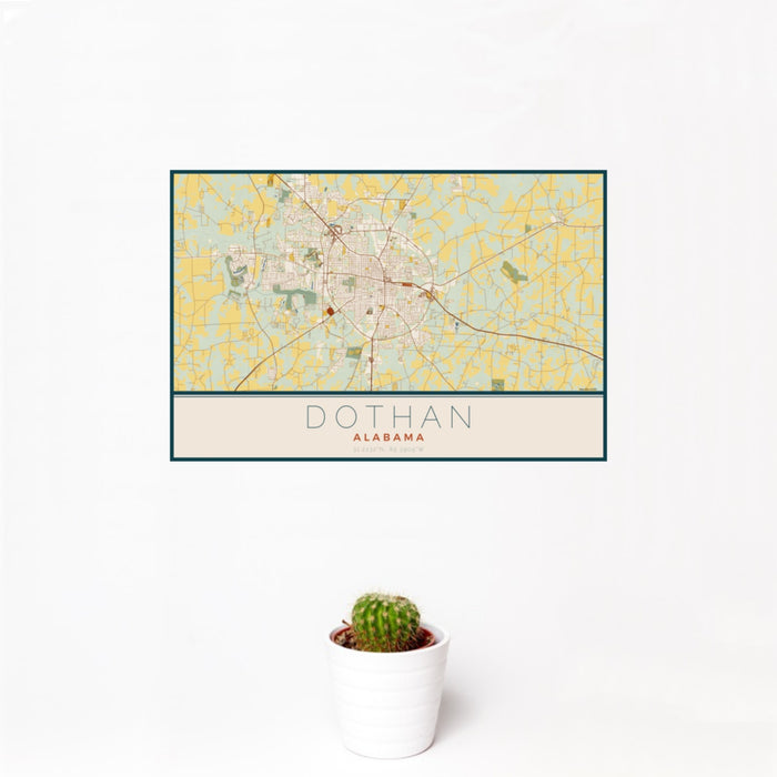 12x18 Dothan Alabama Map Print Landscape Orientation in Woodblock Style With Small Cactus Plant in White Planter