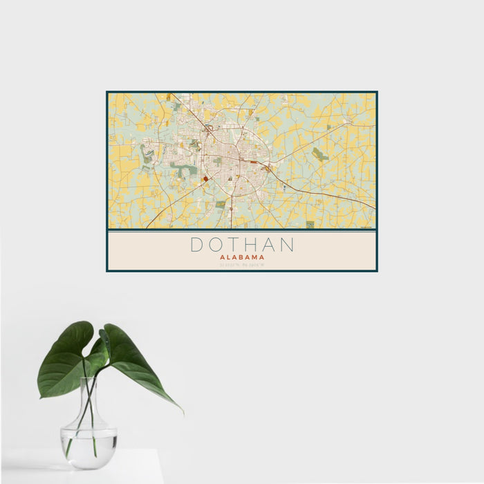 16x24 Dothan Alabama Map Print Landscape Orientation in Woodblock Style With Tropical Plant Leaves in Water