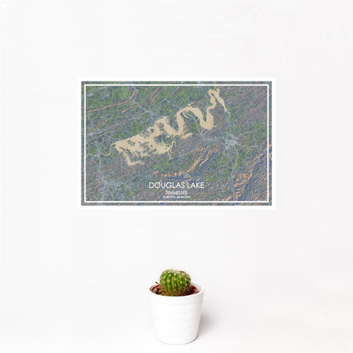 12x18 Douglas Lake Tennessee Map Print Landscape Orientation in Afternoon Style With Small Cactus Plant in White Planter