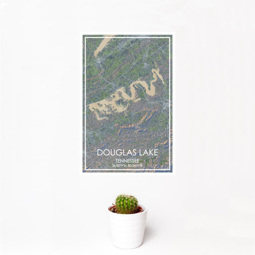 12x18 Douglas Lake Tennessee Map Print Portrait Orientation in Afternoon Style With Small Cactus Plant in White Planter
