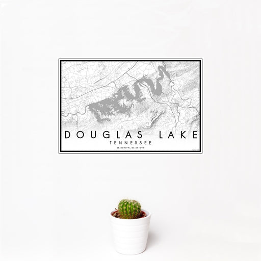 12x18 Douglas Lake Tennessee Map Print Landscape Orientation in Classic Style With Small Cactus Plant in White Planter