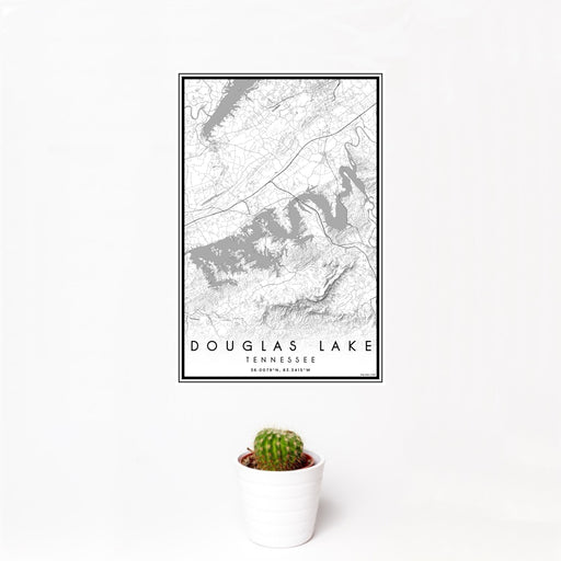 12x18 Douglas Lake Tennessee Map Print Portrait Orientation in Classic Style With Small Cactus Plant in White Planter