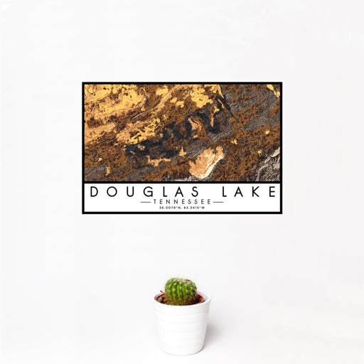 12x18 Douglas Lake Tennessee Map Print Landscape Orientation in Ember Style With Small Cactus Plant in White Planter