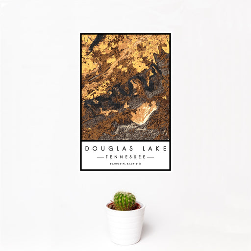 12x18 Douglas Lake Tennessee Map Print Portrait Orientation in Ember Style With Small Cactus Plant in White Planter