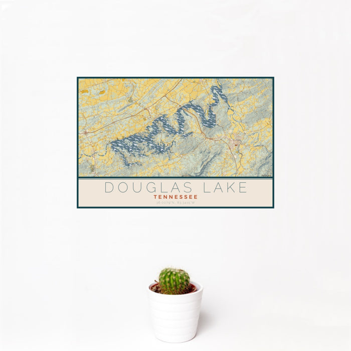 12x18 Douglas Lake Tennessee Map Print Landscape Orientation in Woodblock Style With Small Cactus Plant in White Planter
