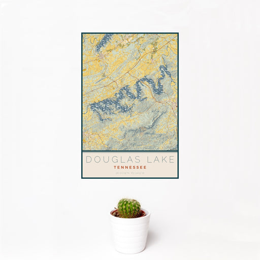 12x18 Douglas Lake Tennessee Map Print Portrait Orientation in Woodblock Style With Small Cactus Plant in White Planter