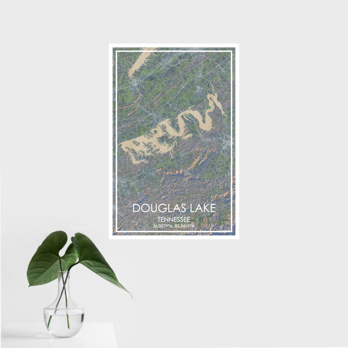 16x24 Douglas Lake Tennessee Map Print Portrait Orientation in Afternoon Style With Tropical Plant Leaves in Water