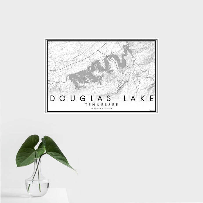 16x24 Douglas Lake Tennessee Map Print Landscape Orientation in Classic Style With Tropical Plant Leaves in Water
