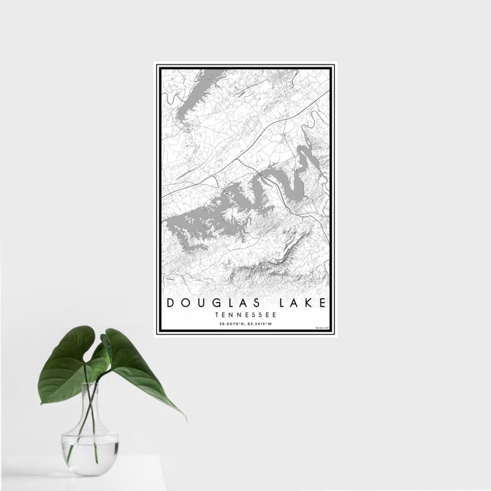 16x24 Douglas Lake Tennessee Map Print Portrait Orientation in Classic Style With Tropical Plant Leaves in Water