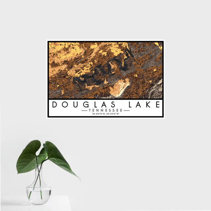 16x24 Douglas Lake Tennessee Map Print Landscape Orientation in Ember Style With Tropical Plant Leaves in Water