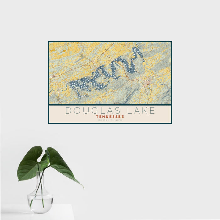 16x24 Douglas Lake Tennessee Map Print Landscape Orientation in Woodblock Style With Tropical Plant Leaves in Water