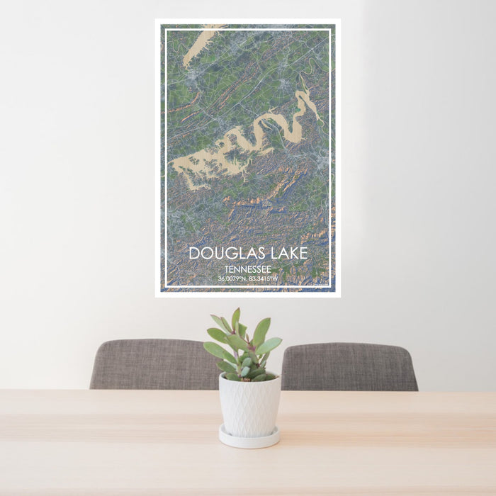 24x36 Douglas Lake Tennessee Map Print Portrait Orientation in Afternoon Style Behind 2 Chairs Table and Potted Plant