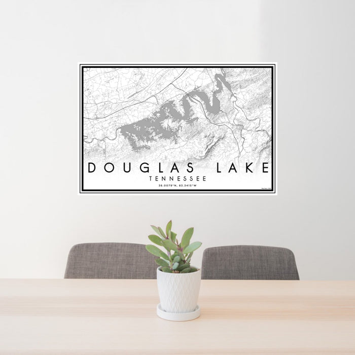 24x36 Douglas Lake Tennessee Map Print Lanscape Orientation in Classic Style Behind 2 Chairs Table and Potted Plant