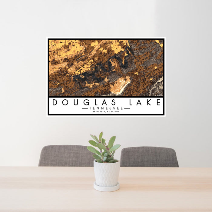 24x36 Douglas Lake Tennessee Map Print Lanscape Orientation in Ember Style Behind 2 Chairs Table and Potted Plant