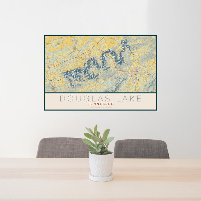 24x36 Douglas Lake Tennessee Map Print Lanscape Orientation in Woodblock Style Behind 2 Chairs Table and Potted Plant