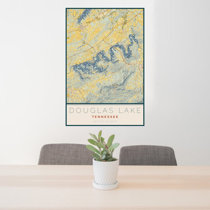 24x36 Douglas Lake Tennessee Map Print Portrait Orientation in Woodblock Style Behind 2 Chairs Table and Potted Plant