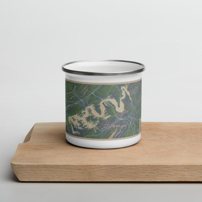 Front View Custom Douglas Lake Tennessee Map Enamel Mug in Afternoon on Cutting Board