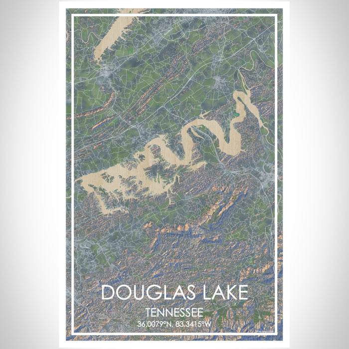 Douglas Lake Tennessee Map Print Portrait Orientation in Afternoon Style With Shaded Background