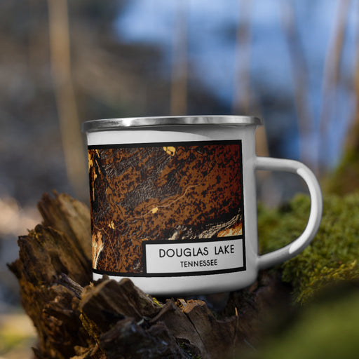 Right View Custom Douglas Lake Tennessee Map Enamel Mug in Ember on Grass With Trees in Background
