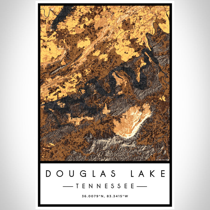 Douglas Lake Tennessee Map Print Portrait Orientation in Ember Style With Shaded Background