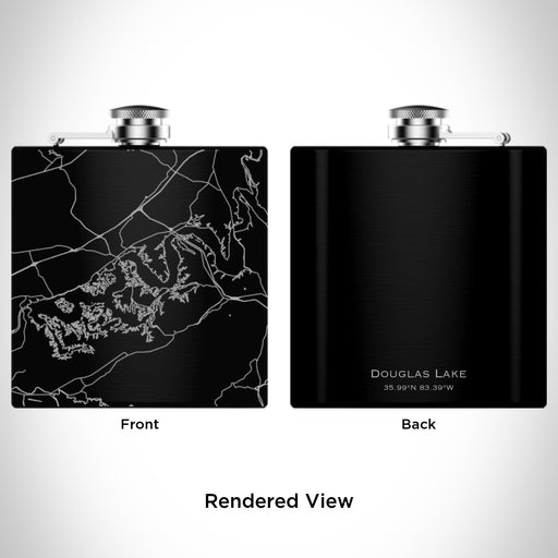 Rendered View of Douglas Lake Tennessee Map Engraving on 6oz Stainless Steel Flask in Black