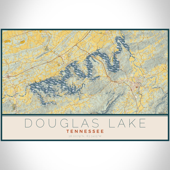 Douglas Lake Tennessee Map Print Landscape Orientation in Woodblock Style With Shaded Background
