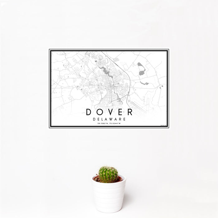 12x18 Dover Delaware Map Print Landscape Orientation in Classic Style With Small Cactus Plant in White Planter