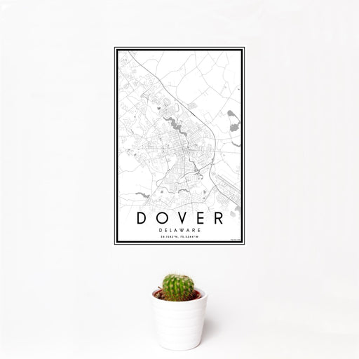 12x18 Dover Delaware Map Print Portrait Orientation in Classic Style With Small Cactus Plant in White Planter