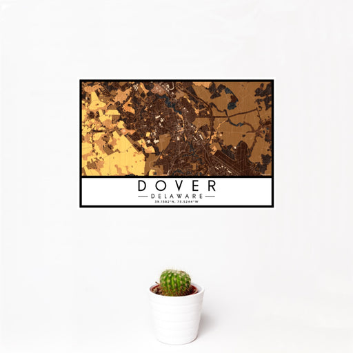 12x18 Dover Delaware Map Print Landscape Orientation in Ember Style With Small Cactus Plant in White Planter