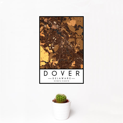 12x18 Dover Delaware Map Print Portrait Orientation in Ember Style With Small Cactus Plant in White Planter