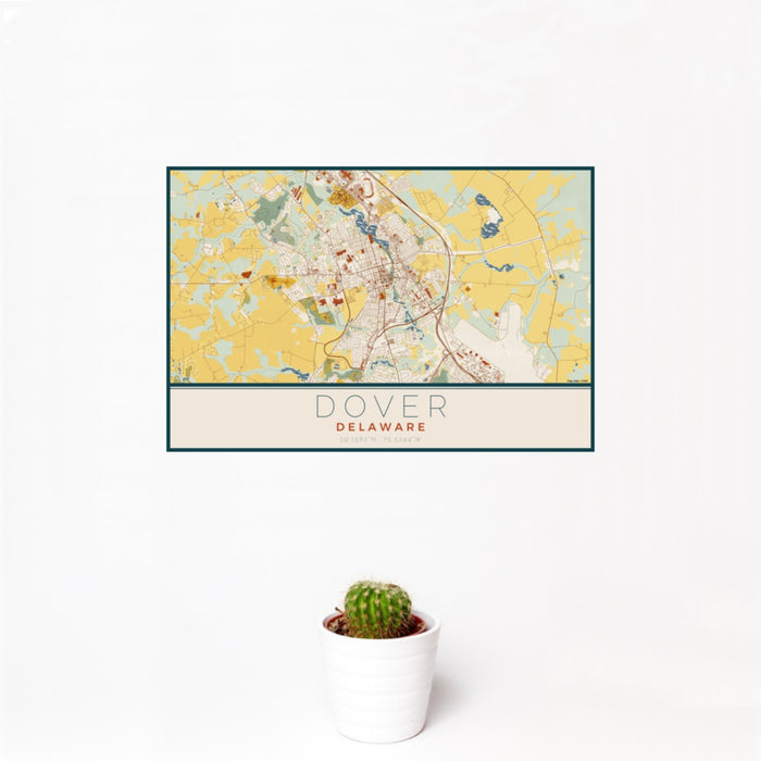 12x18 Dover Delaware Map Print Landscape Orientation in Woodblock Style With Small Cactus Plant in White Planter