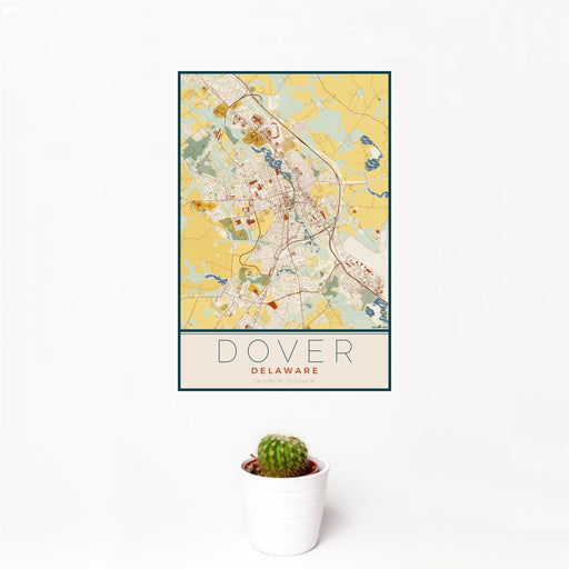 12x18 Dover Delaware Map Print Portrait Orientation in Woodblock Style With Small Cactus Plant in White Planter