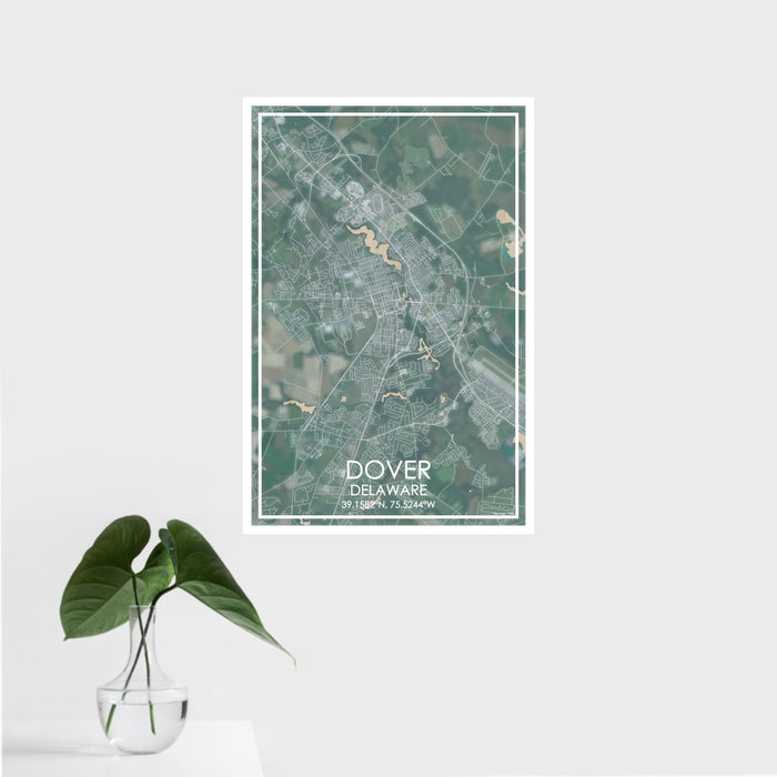 16x24 Dover Delaware Map Print Portrait Orientation in Afternoon Style With Tropical Plant Leaves in Water