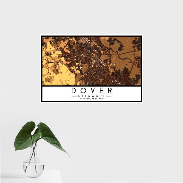 16x24 Dover Delaware Map Print Landscape Orientation in Ember Style With Tropical Plant Leaves in Water