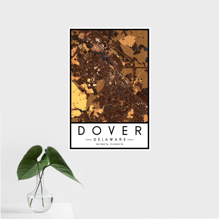 16x24 Dover Delaware Map Print Portrait Orientation in Ember Style With Tropical Plant Leaves in Water