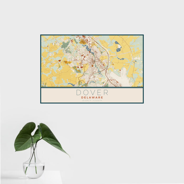 16x24 Dover Delaware Map Print Landscape Orientation in Woodblock Style With Tropical Plant Leaves in Water