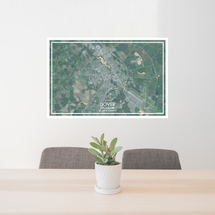 24x36 Dover Delaware Map Print Lanscape Orientation in Afternoon Style Behind 2 Chairs Table and Potted Plant