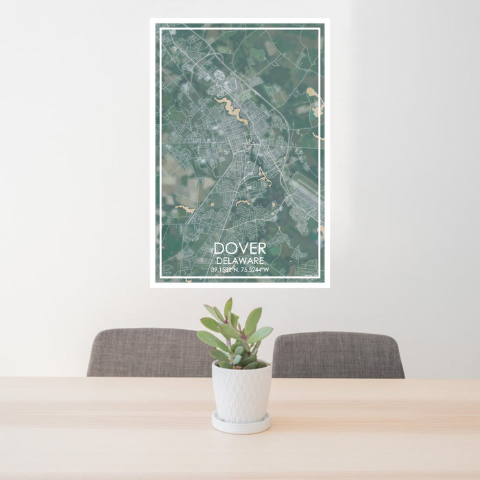 24x36 Dover Delaware Map Print Portrait Orientation in Afternoon Style Behind 2 Chairs Table and Potted Plant