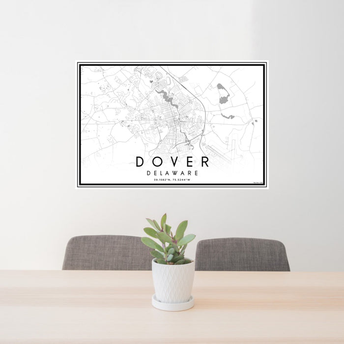 24x36 Dover Delaware Map Print Lanscape Orientation in Classic Style Behind 2 Chairs Table and Potted Plant