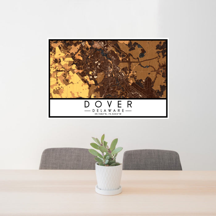 24x36 Dover Delaware Map Print Lanscape Orientation in Ember Style Behind 2 Chairs Table and Potted Plant
