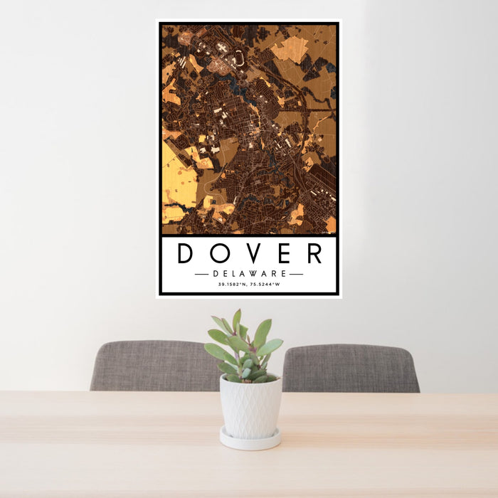 24x36 Dover Delaware Map Print Portrait Orientation in Ember Style Behind 2 Chairs Table and Potted Plant