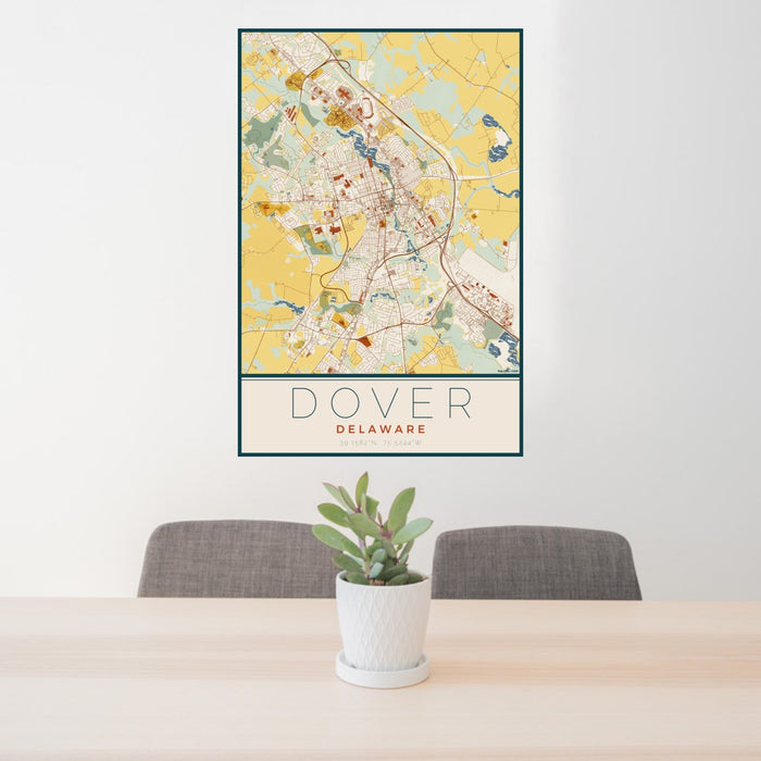 24x36 Dover Delaware Map Print Portrait Orientation in Woodblock Style Behind 2 Chairs Table and Potted Plant