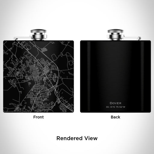 Rendered View of Dover Delaware Map Engraving on 6oz Stainless Steel Flask in Black
