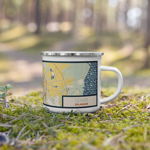 Right View Custom Dover Delaware Map Enamel Mug in Woodblock on Grass With Trees in Background