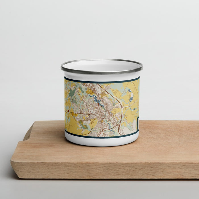 Front View Custom Dover Delaware Map Enamel Mug in Woodblock on Cutting Board