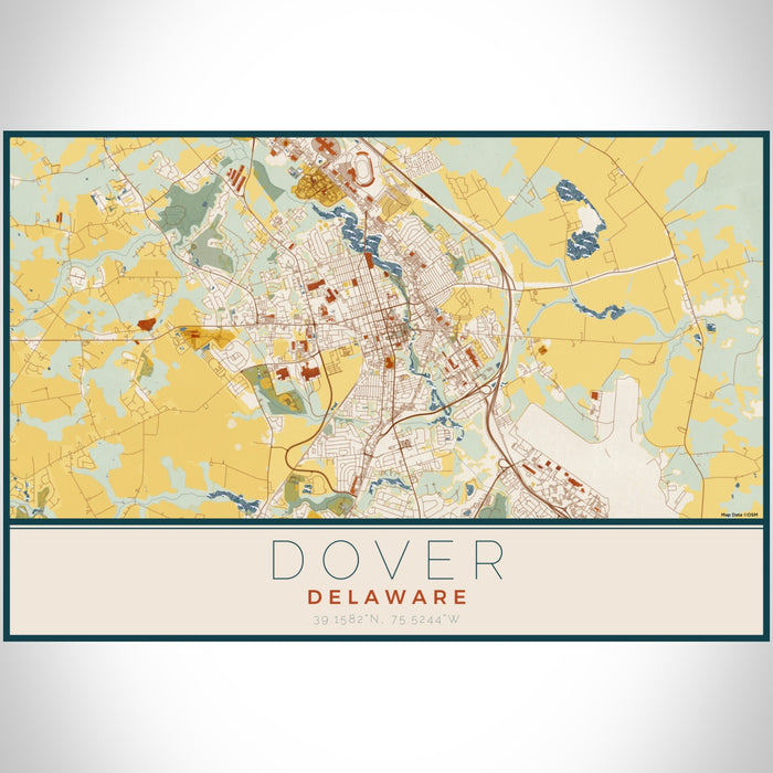 Dover Delaware Map Print Landscape Orientation in Woodblock Style With Shaded Background