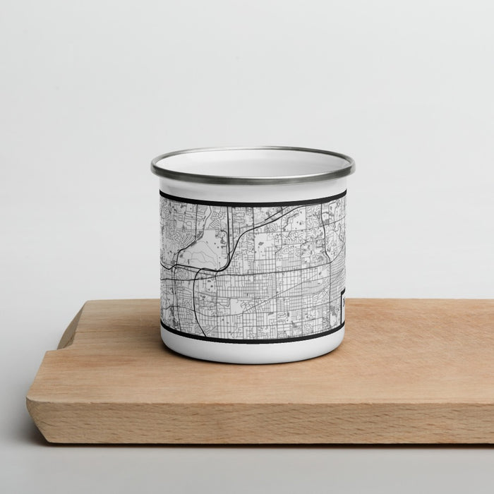 Front View Custom Downers Grove Illinois Map Enamel Mug in Classic on Cutting Board