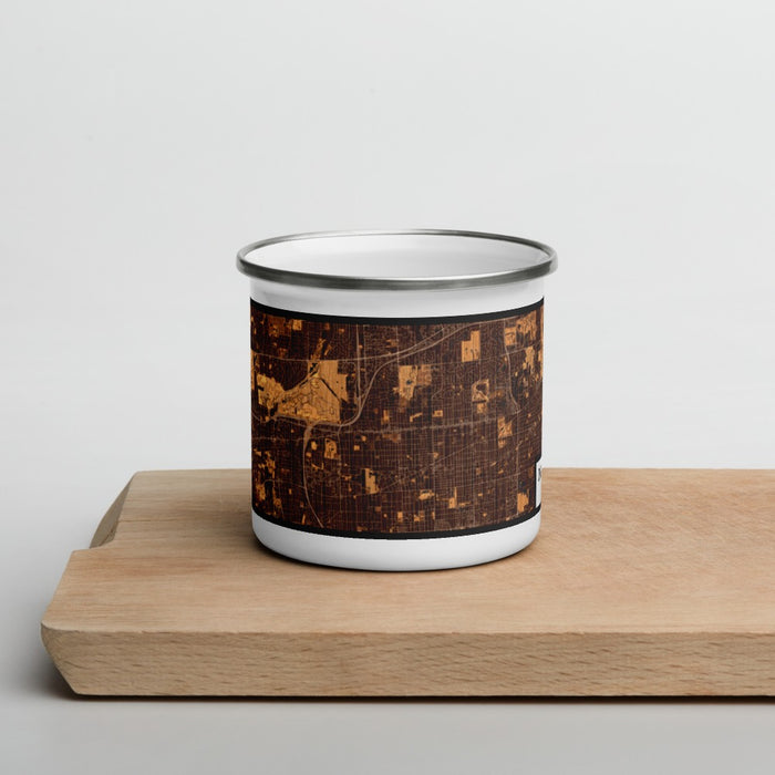 Front View Custom Downers Grove Illinois Map Enamel Mug in Ember on Cutting Board