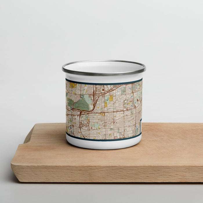 Front View Custom Downers Grove Illinois Map Enamel Mug in Woodblock on Cutting Board