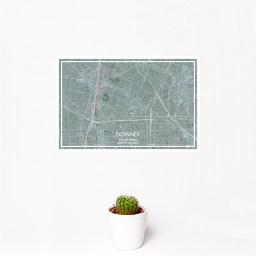 12x18 Downey California Map Print Landscape Orientation in Afternoon Style With Small Cactus Plant in White Planter